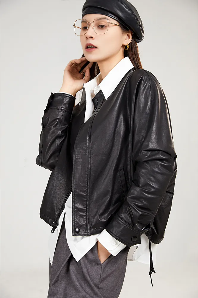 Stand-Collar Cropped Leather Biker Jacket