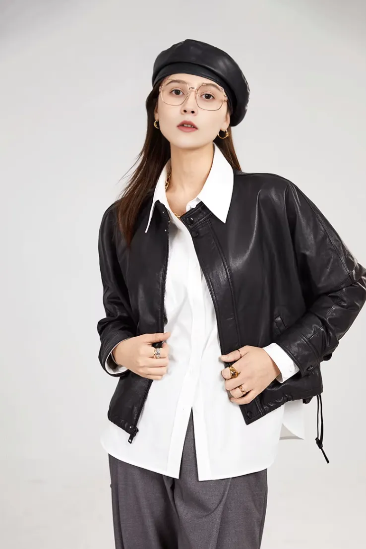 Stand-Collar Cropped Leather Biker Jacket