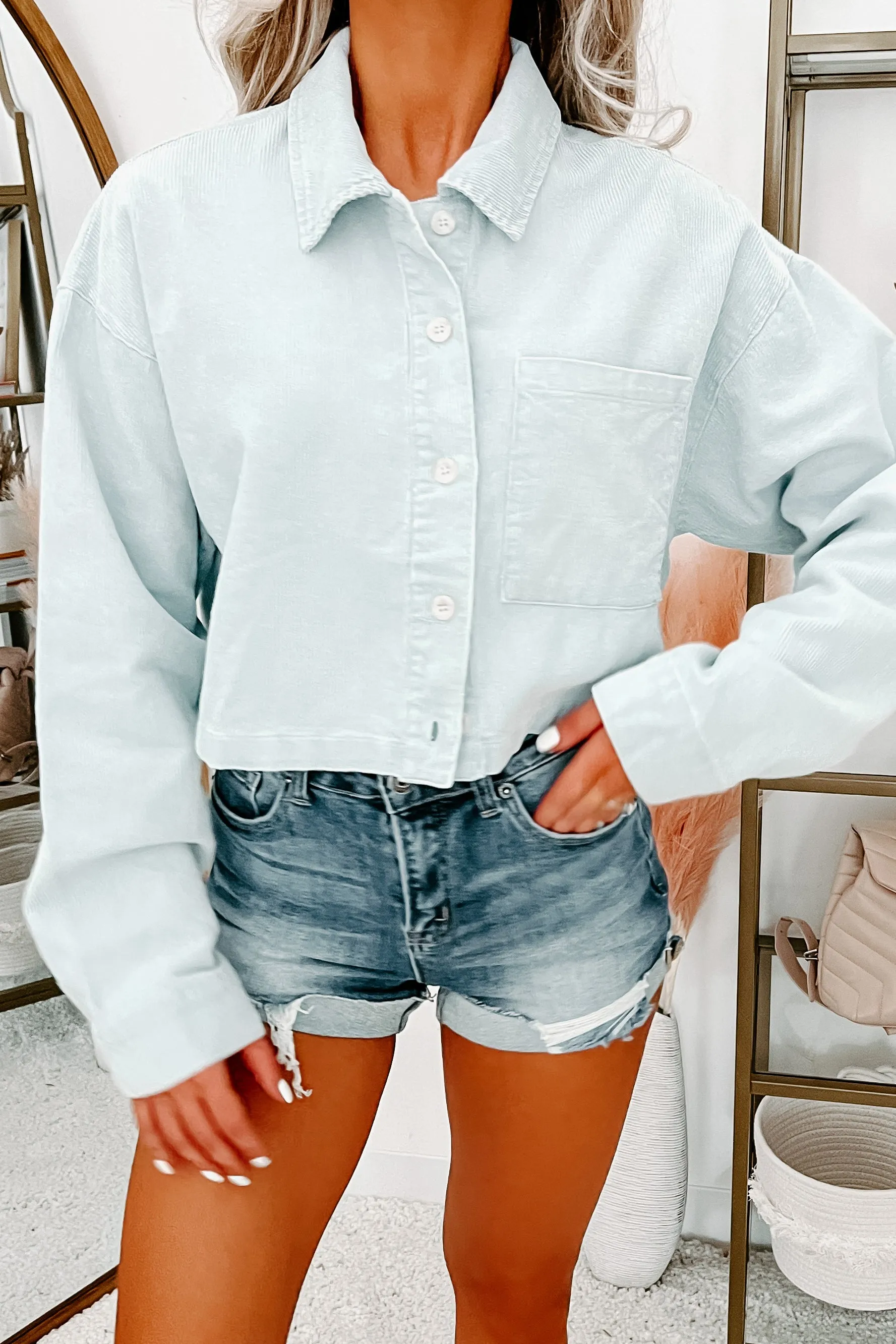 Travel Around Cropped Corduroy Jacket (Dusty Blue)