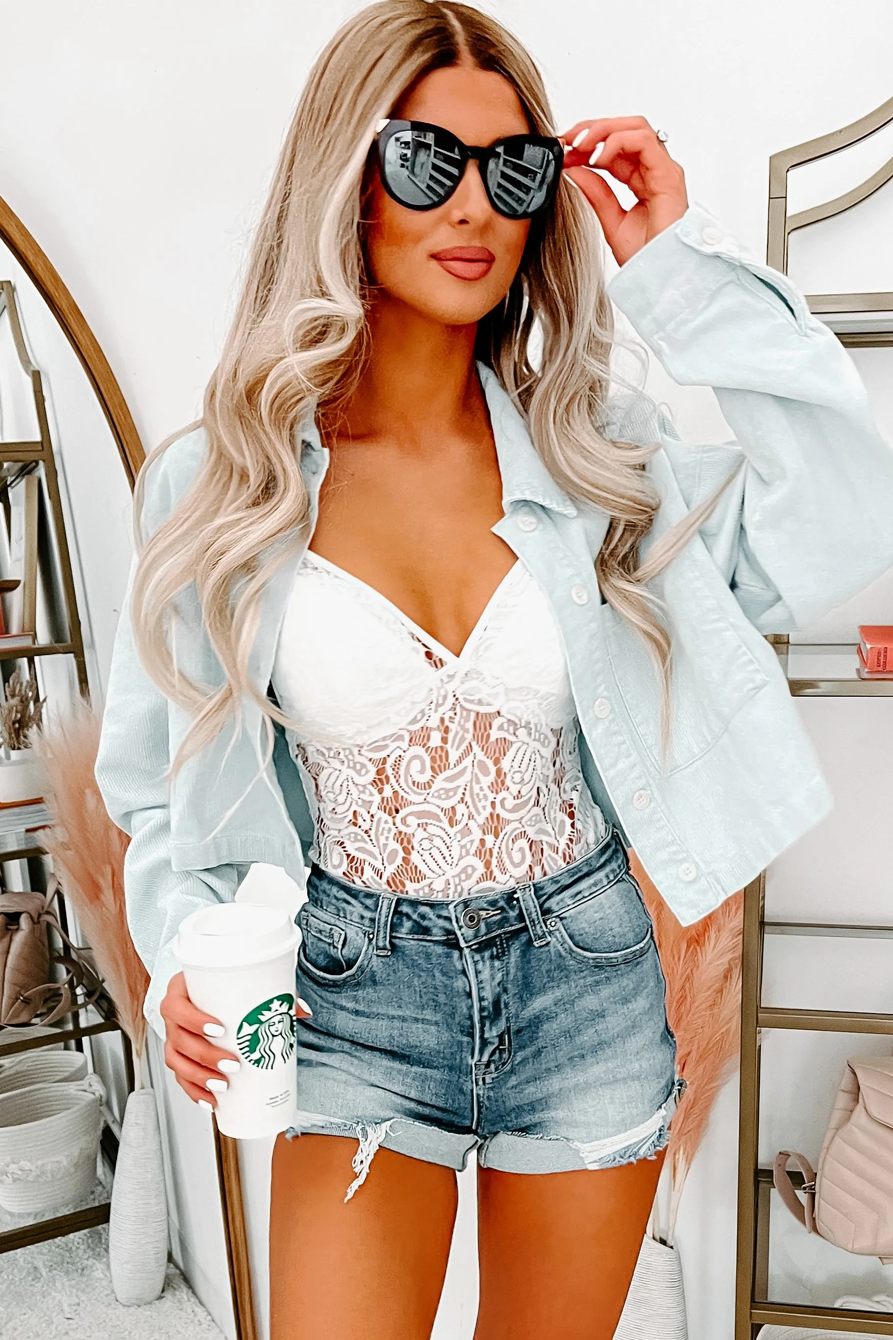 Travel Around Cropped Corduroy Jacket (Dusty Blue)