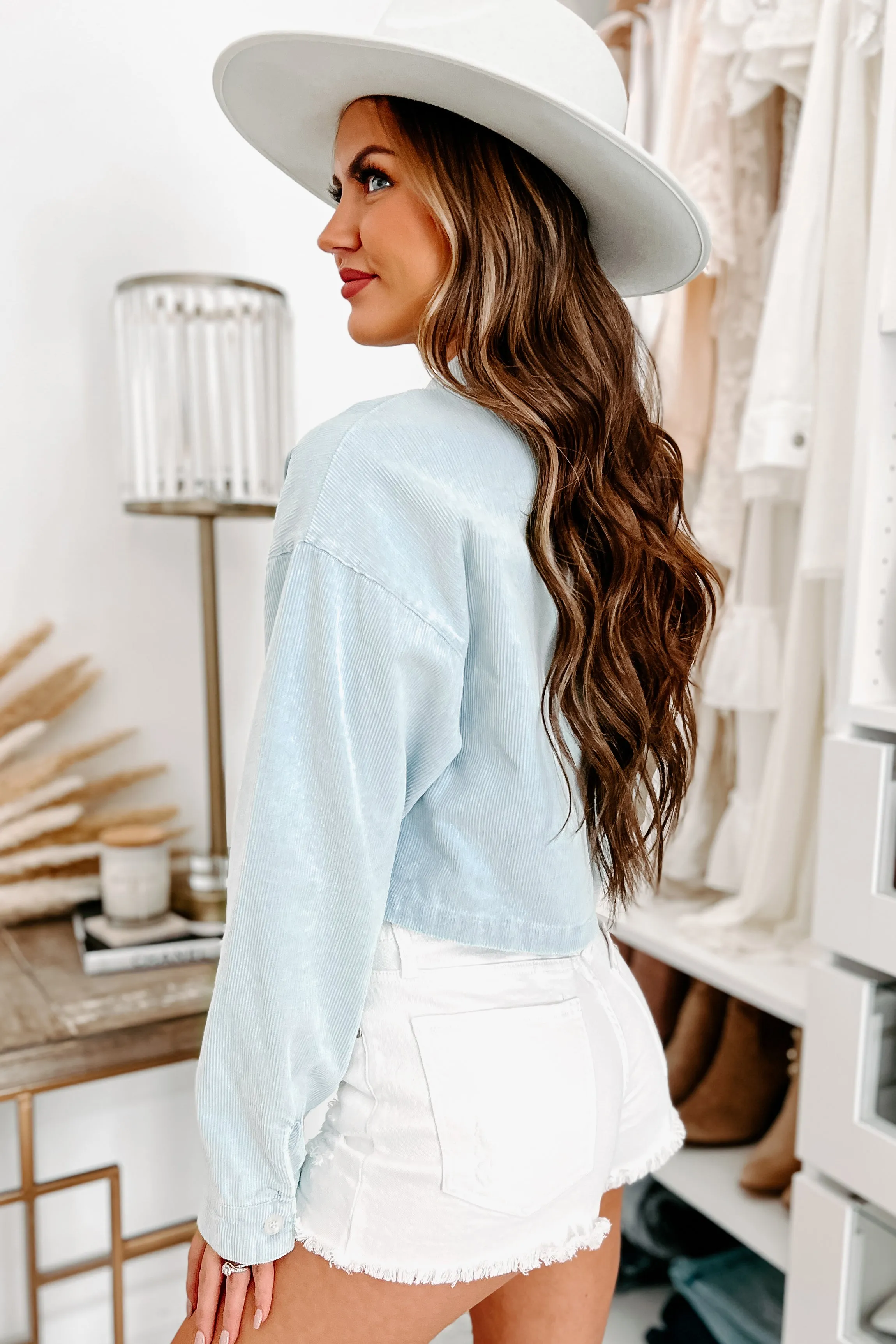 Travel Around Cropped Corduroy Jacket (Dusty Blue)