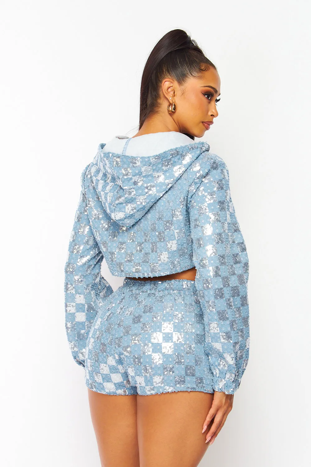 Trianna Sequin Checkered Crop Jacket & Shorts Set