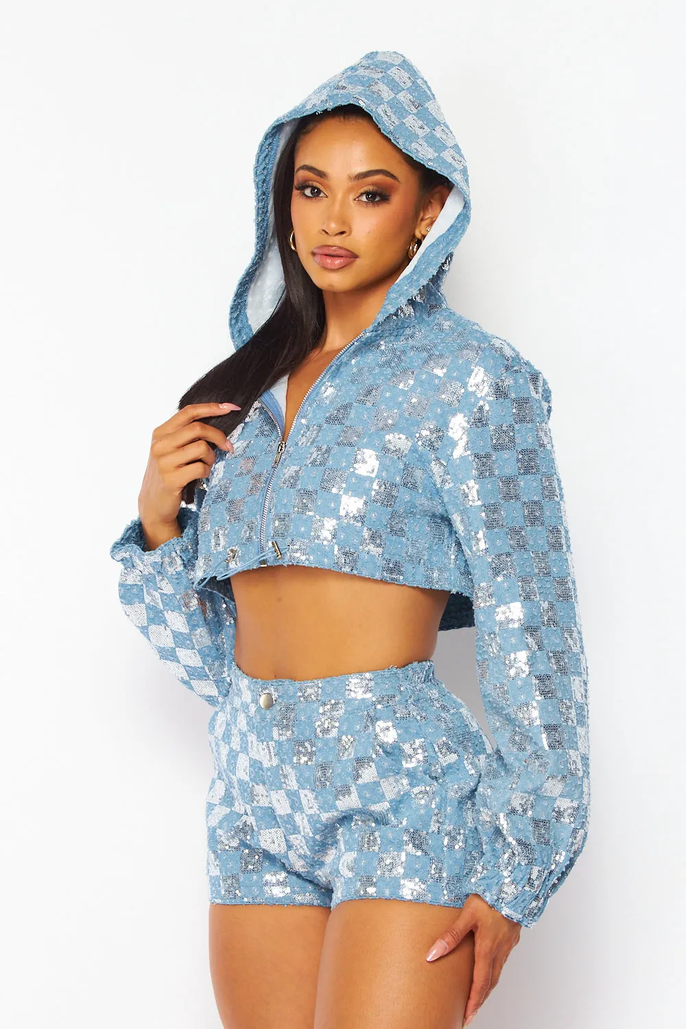 Trianna Sequin Checkered Crop Jacket & Shorts Set