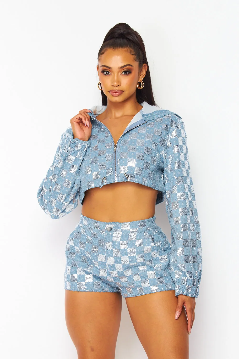 Trianna Sequin Checkered Crop Jacket & Shorts Set