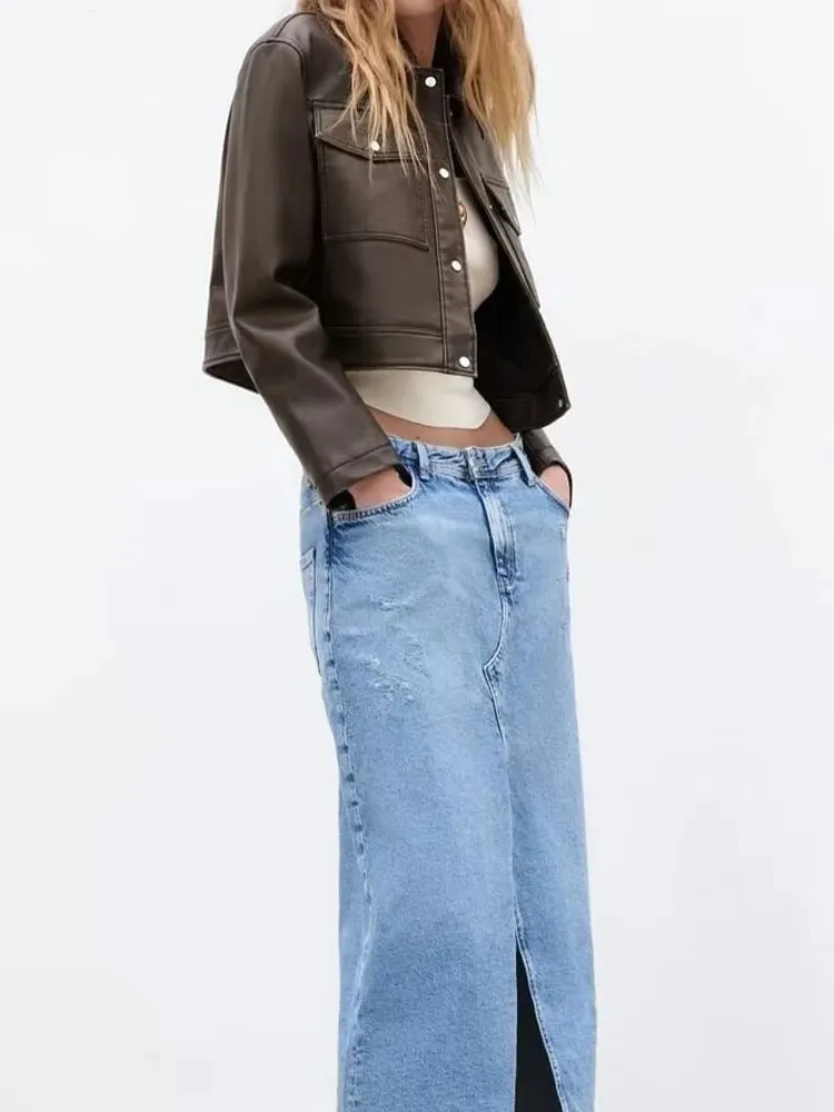 xakxx - Summer new retro fashion all-match lapel casual style black faux leather bomber cropped jacket