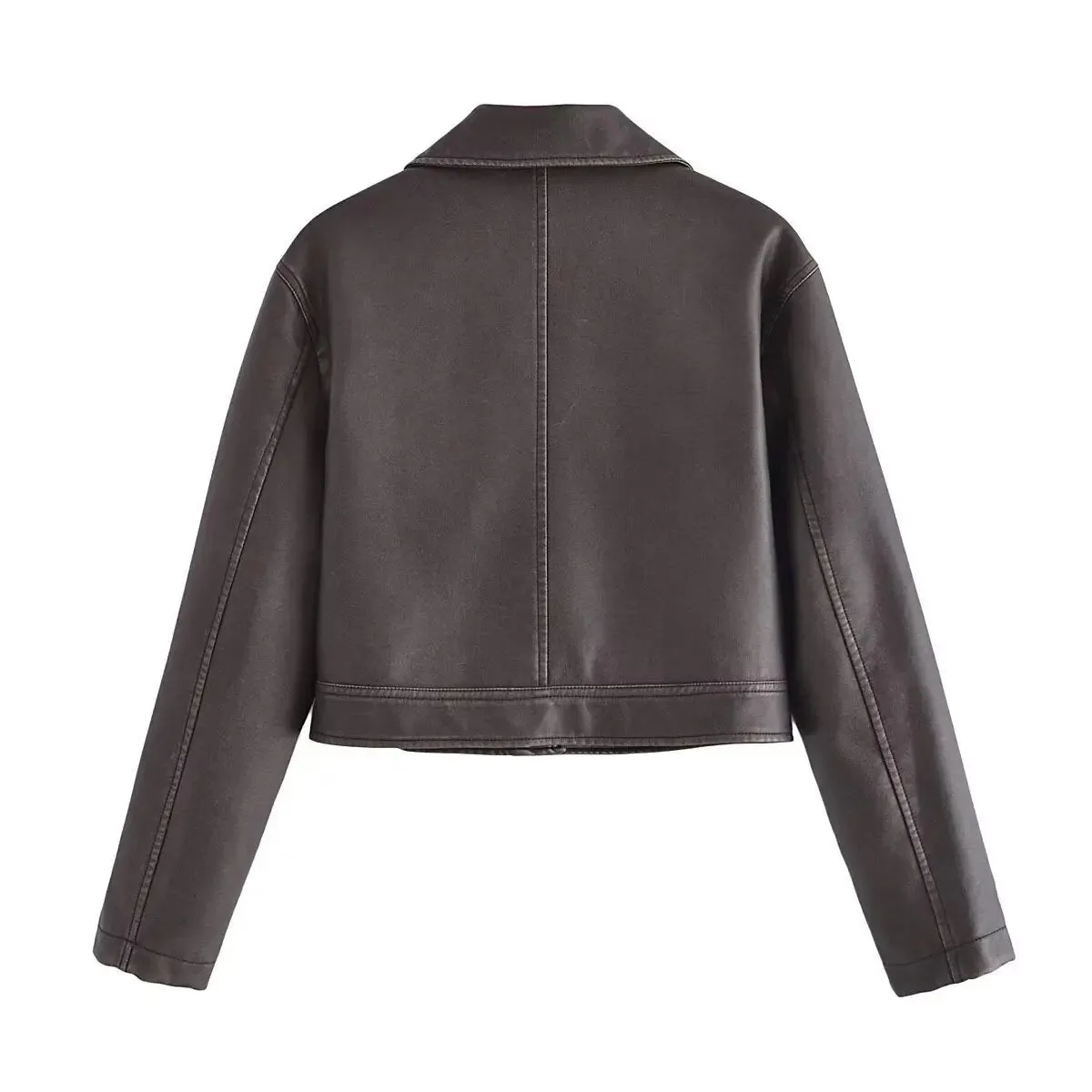xakxx - Summer new retro fashion all-match lapel casual style black faux leather bomber cropped jacket
