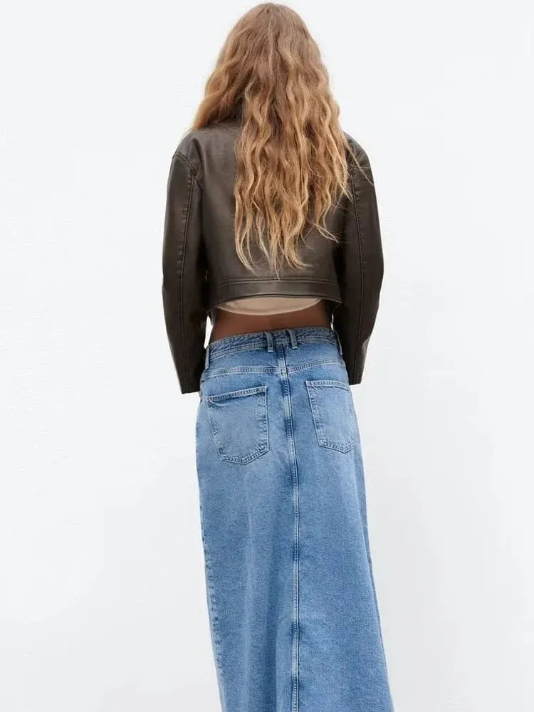 xakxx - Summer new retro fashion all-match lapel casual style black faux leather bomber cropped jacket