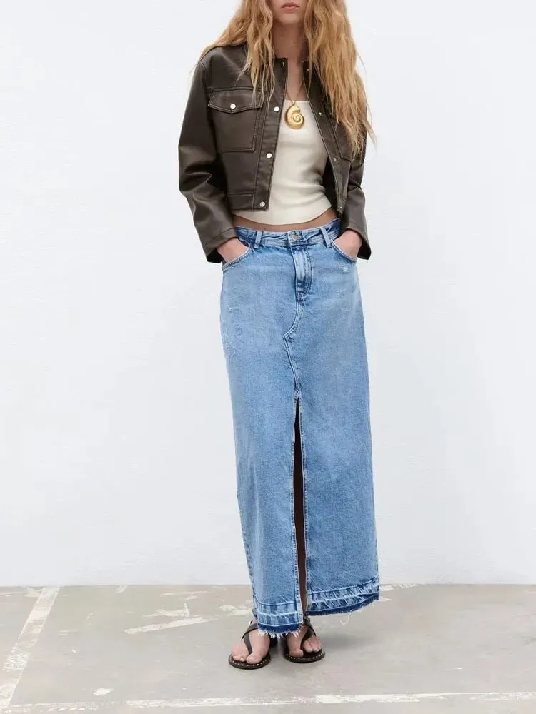 xakxx - Summer new retro fashion all-match lapel casual style black faux leather bomber cropped jacket