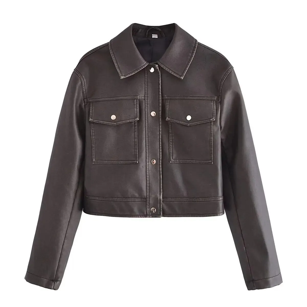 xakxx - Summer new retro fashion all-match lapel casual style black faux leather bomber cropped jacket